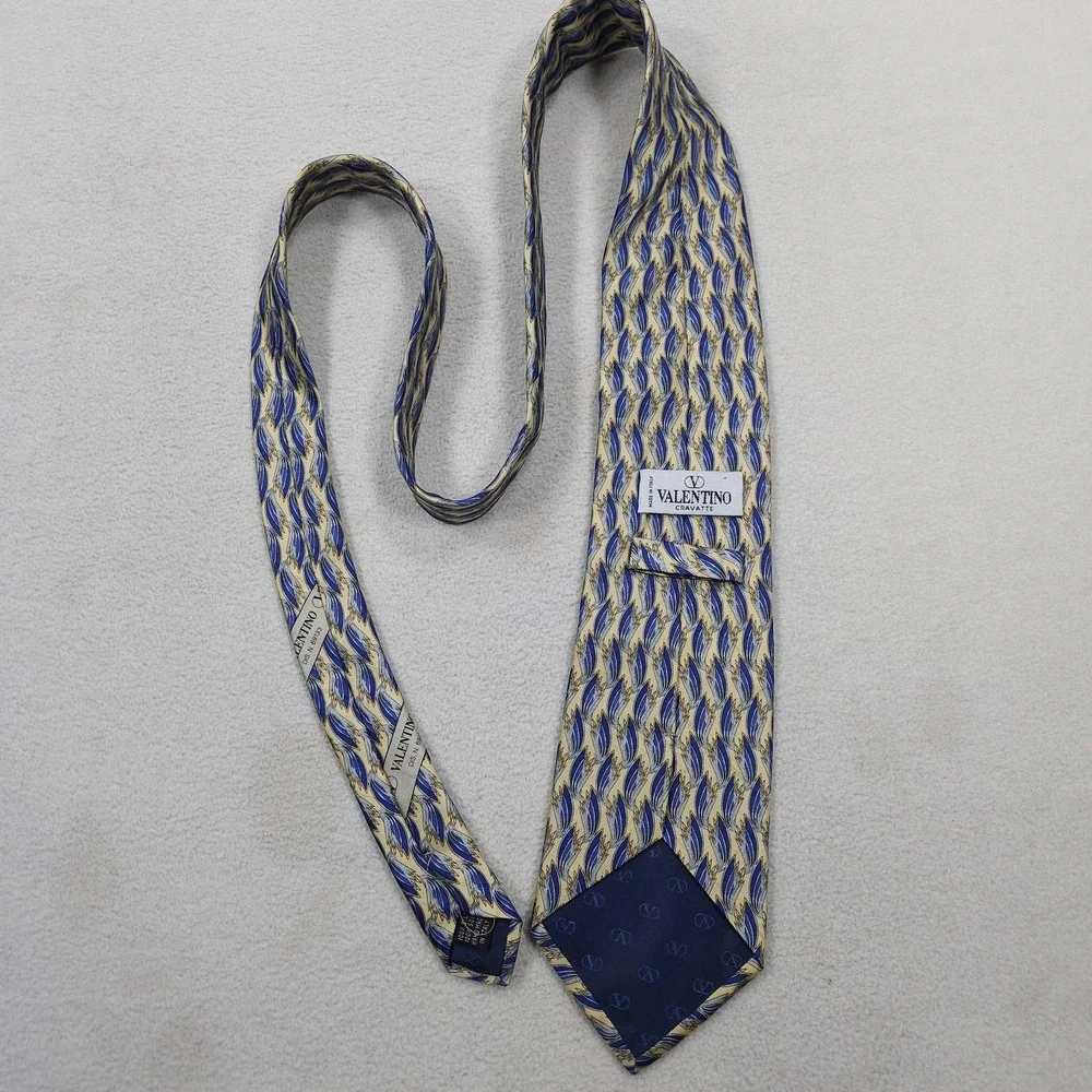 Valentino Cravatte Tie Mens Blue Beige Abstract Feather 100% Silk Italy Necktie